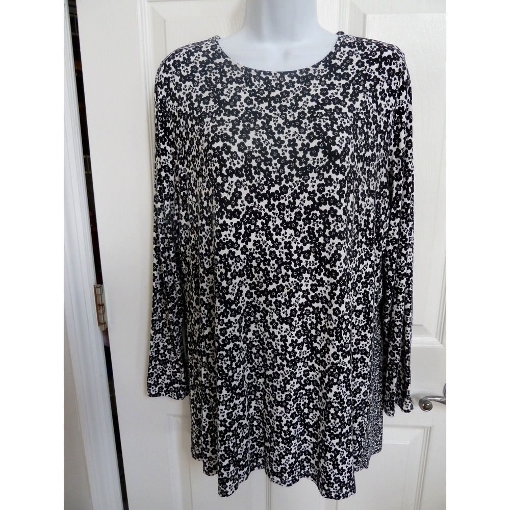 J. Jill Wearever Floral Tunic Top Med 10/12 Tie-Back Pullover Black White